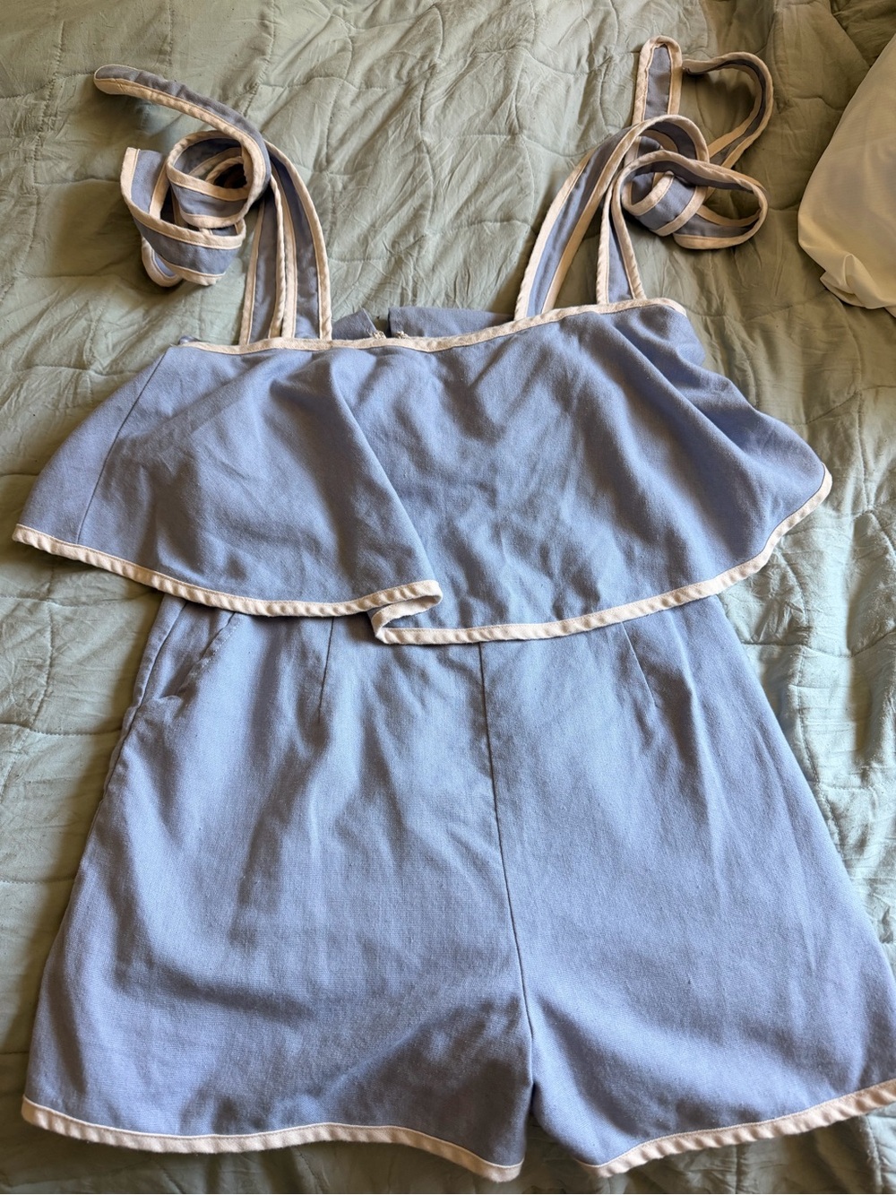 Light Blue cream Trim Tie-Strap Romper- linen Medium